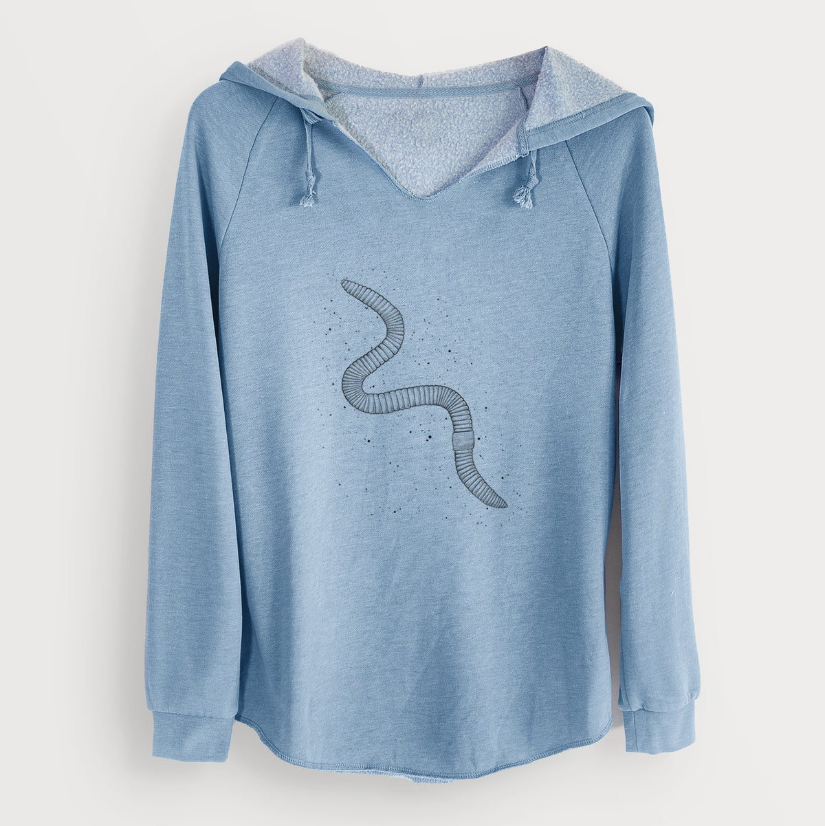 Misty blue women's Cali Wave hooded sweatshirt laid flat, printed with a black ink illustration of a nightcrawler earthworm with soil specks.