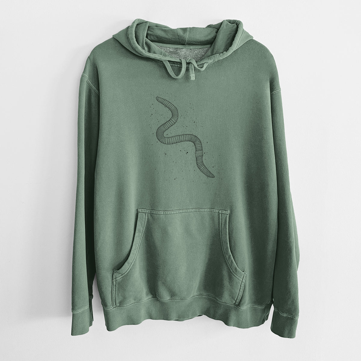 Alpine green pigment dyed hoodie laid flat, printed with a black ink illustration of a nightcrawler earthworm with soil specks.