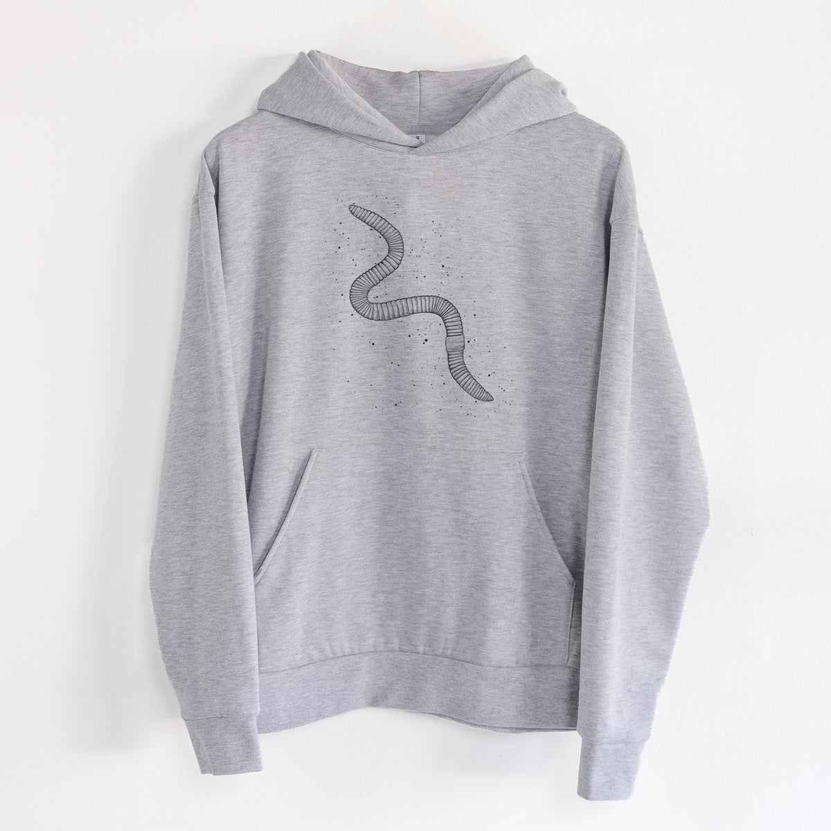 Common Earthworm - Nightcrawler - Lumbricus terrestris - Statement Midweight Hoodie in Heather Grey, hanging on a white wall, with a front kangaroo pocket and no drawcords.