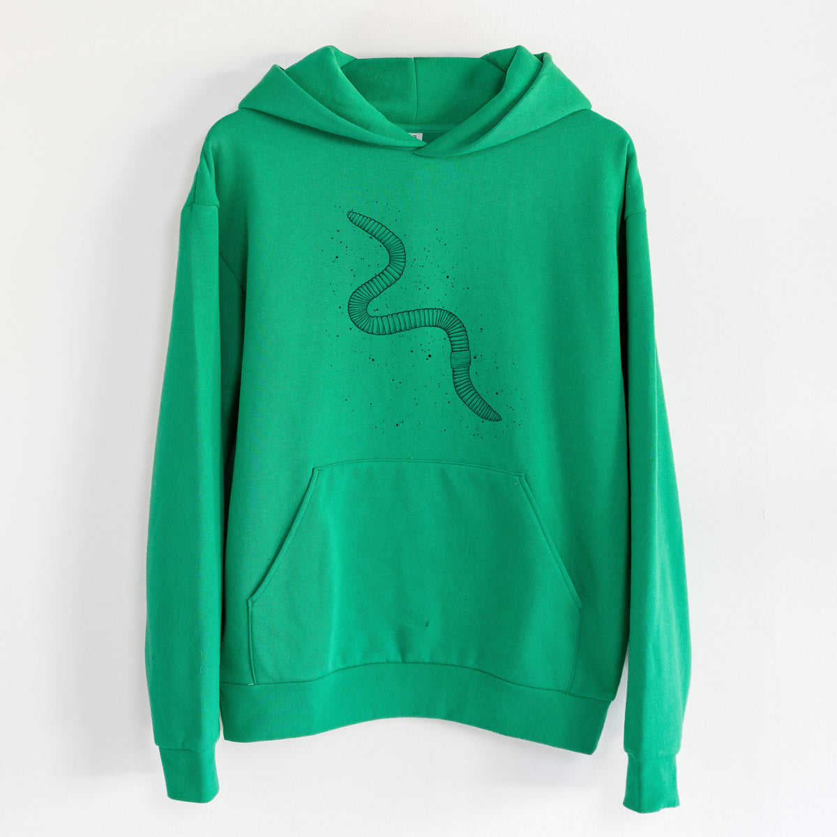 Common Earthworm - Nightcrawler - Lumbricus terrestris - Statement Midweight Hoodie in Kelly Green, hanging on a white wall, with a front kangaroo pocket and no drawcords.