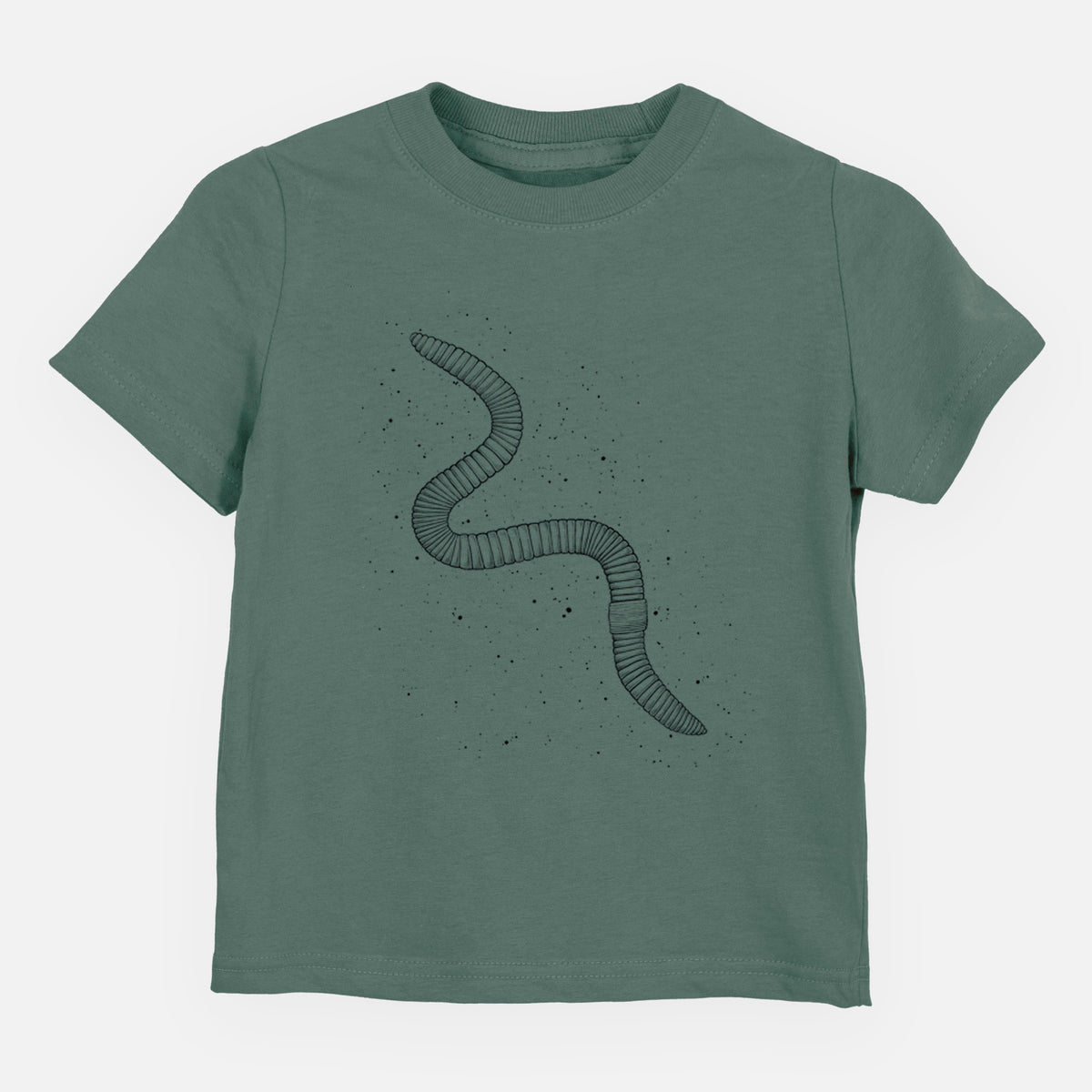 Basil green toddler t-shirt laid flat, printed with a black ink illustration of a nightcrawler earthworm with soil specks.