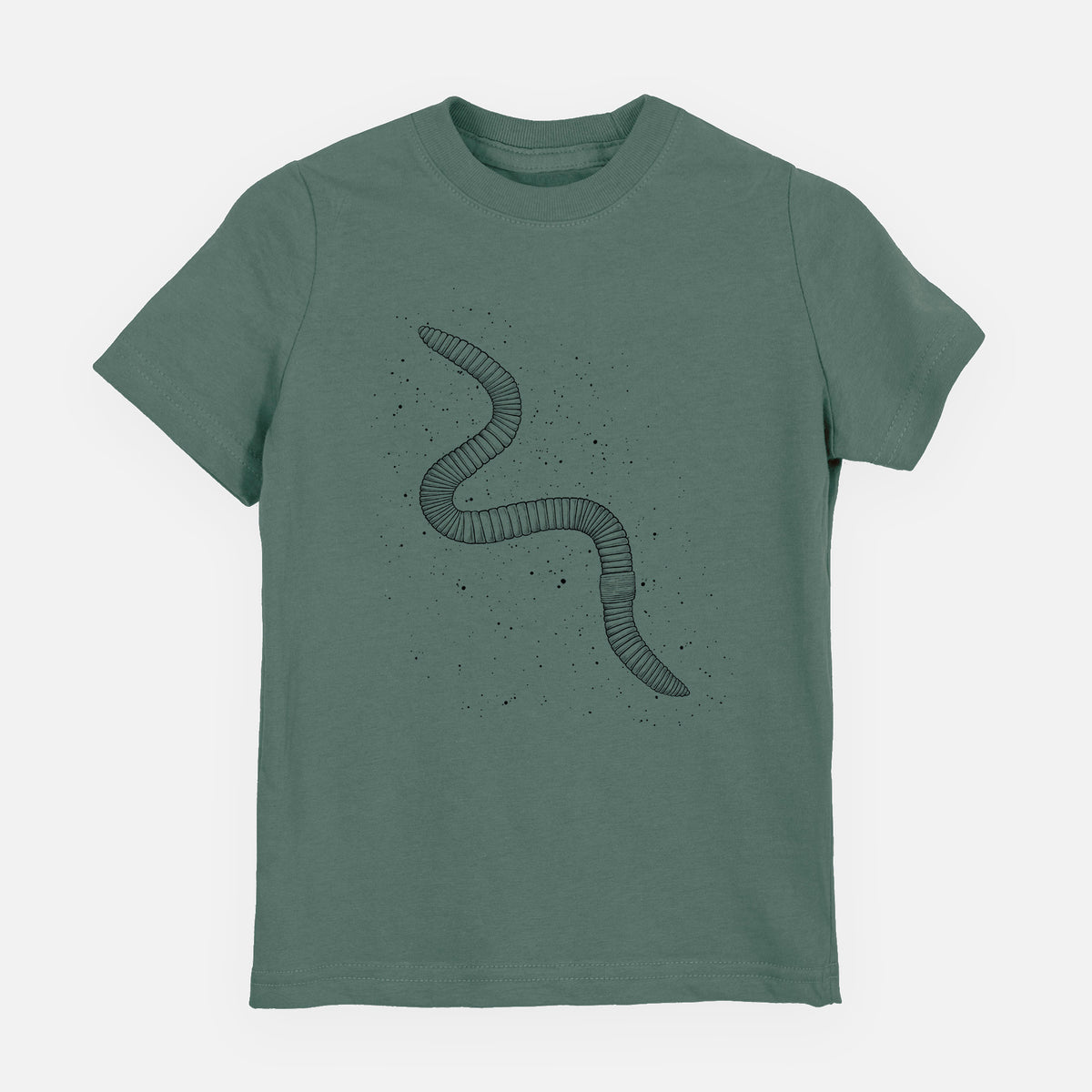 Basil green youth t-shirt laid flat, printed with a black ink illustration of a nightcrawler earthworm with soil specks.