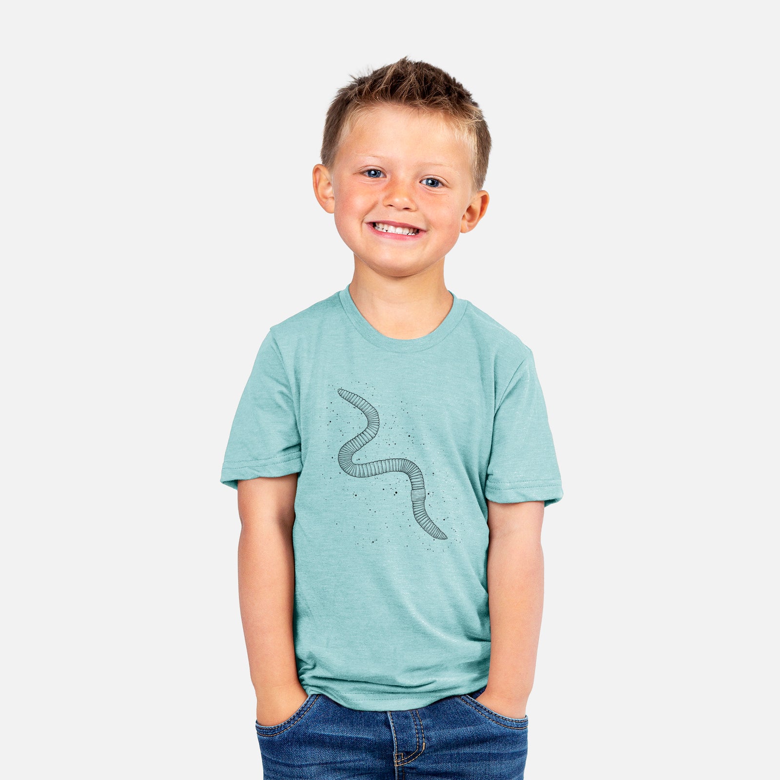 Two youth t-shirts in different colors on hangers, printed with a black ink illustration of a nightcrawler earthworm with soil specks.