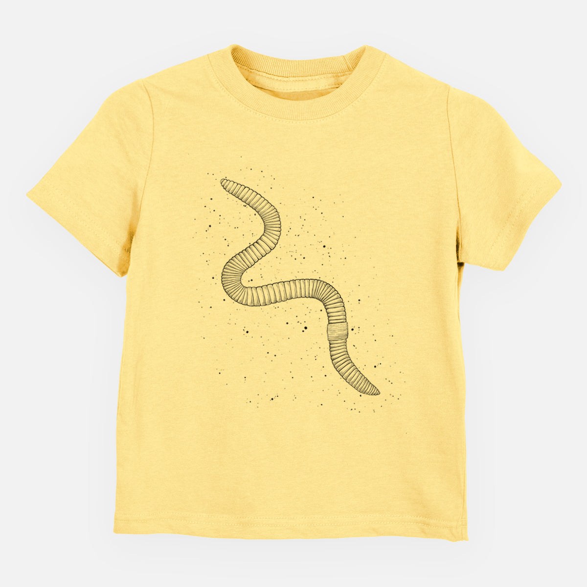 Butter yellow toddler t-shirt laid flat, printed with a black ink illustration of a nightcrawler earthworm with soil specks.