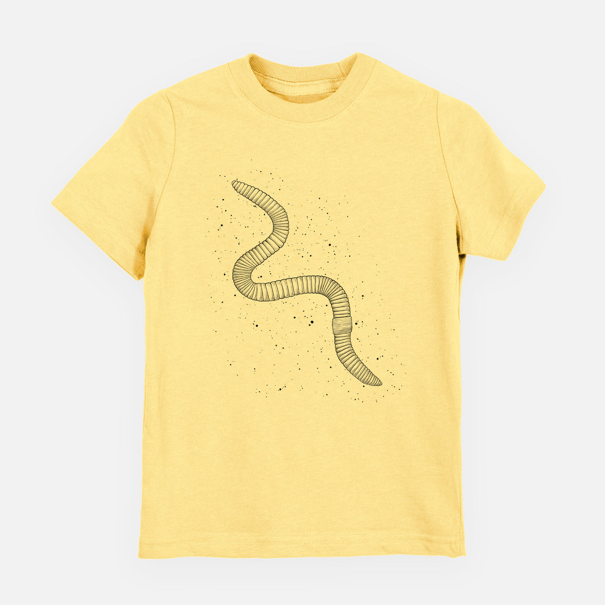 Butter yellow youth t-shirt laid flat, printed with a black ink illustration of a nightcrawler earthworm with soil specks.