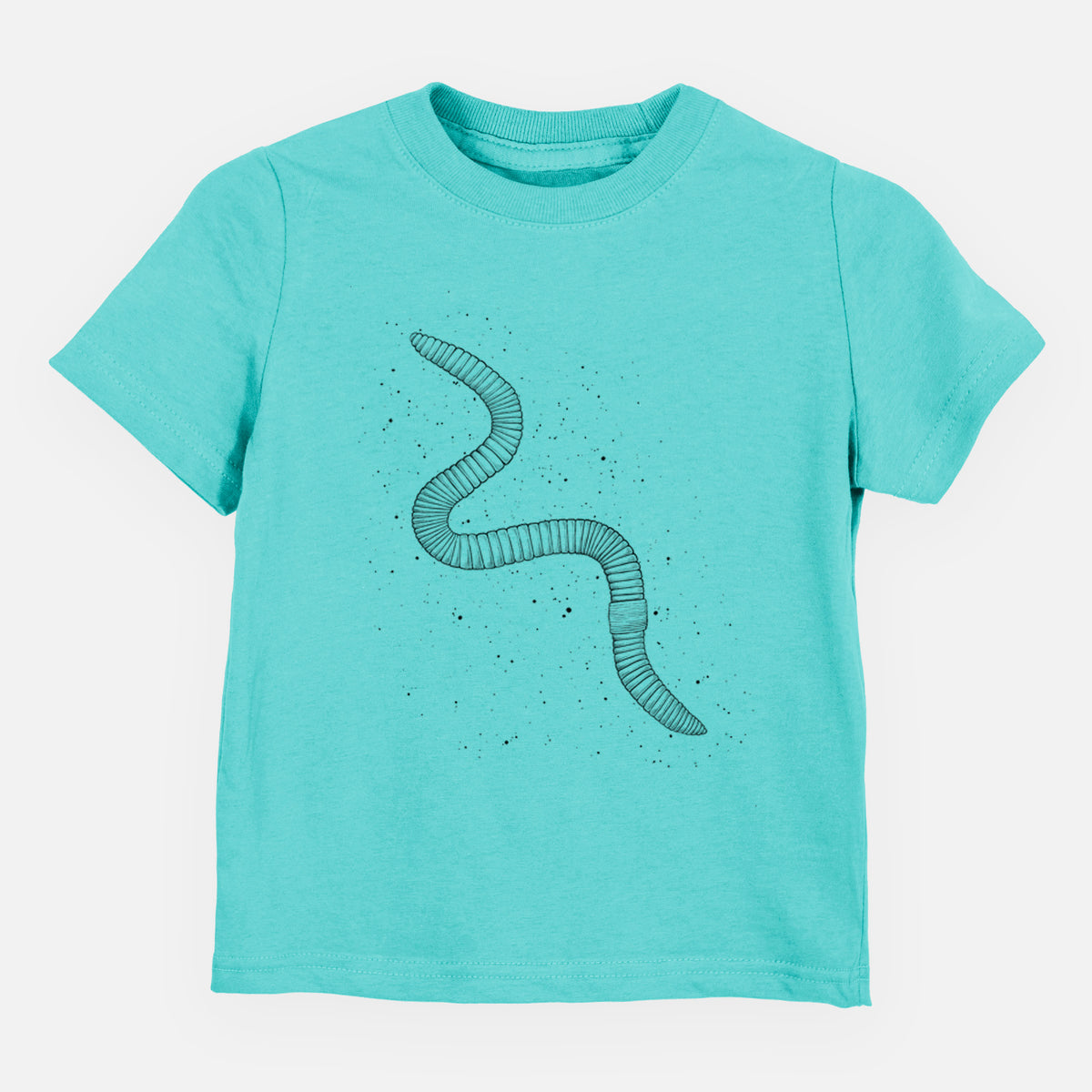 Caribbean blue toddler t-shirt laid flat, printed with a black ink illustration of a nightcrawler earthworm with soil specks.