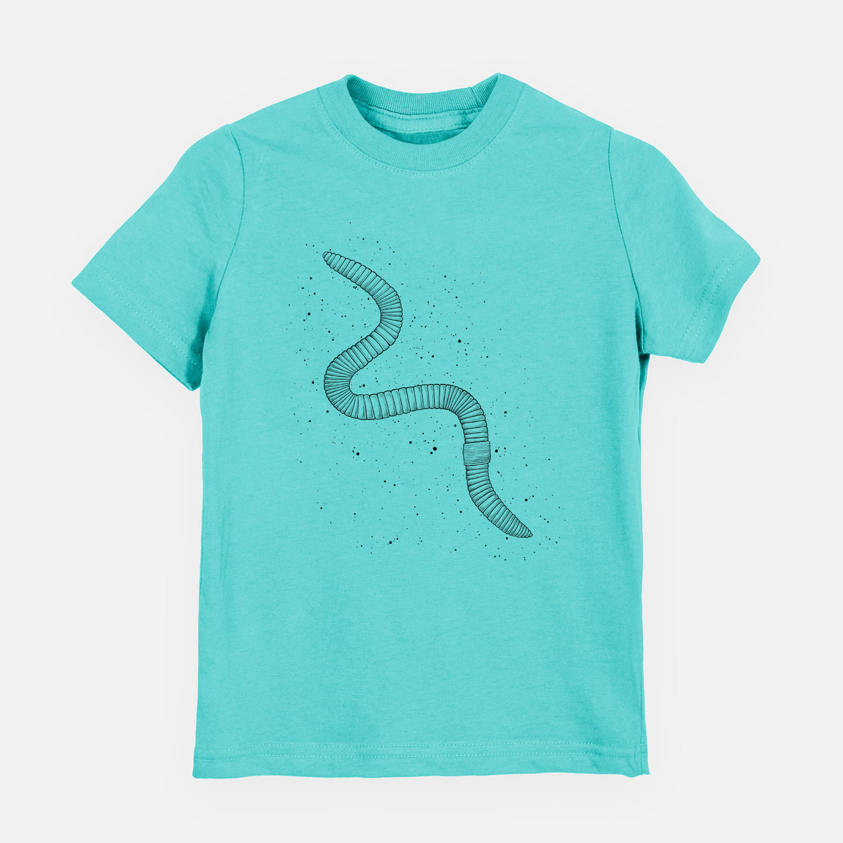 Caribbean blue youth t-shirt laid flat, printed with a black ink illustration of a nightcrawler earthworm with soil specks.