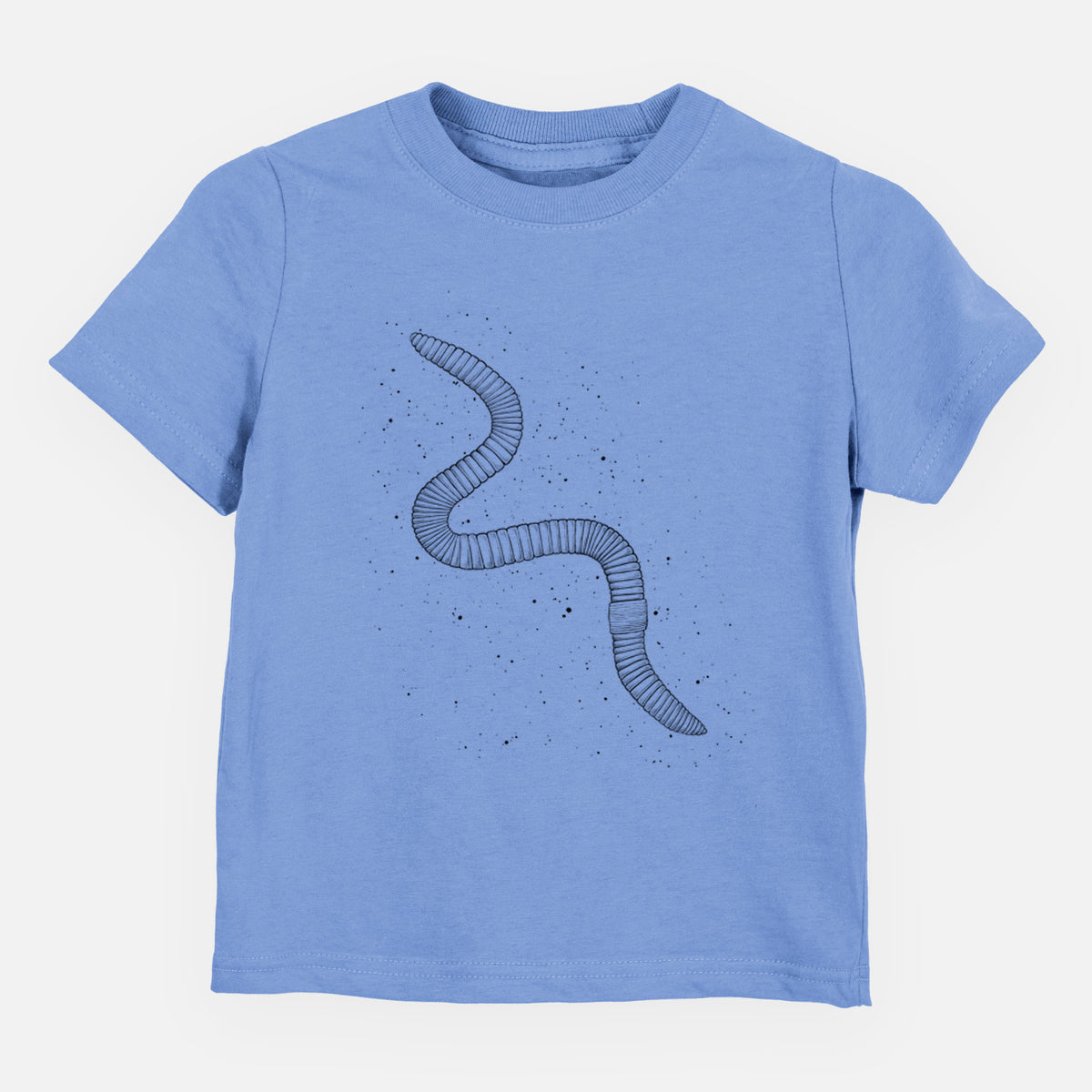 Carolina blue toddler t-shirt laid flat, printed with a black ink illustration of a nightcrawler earthworm with soil specks.