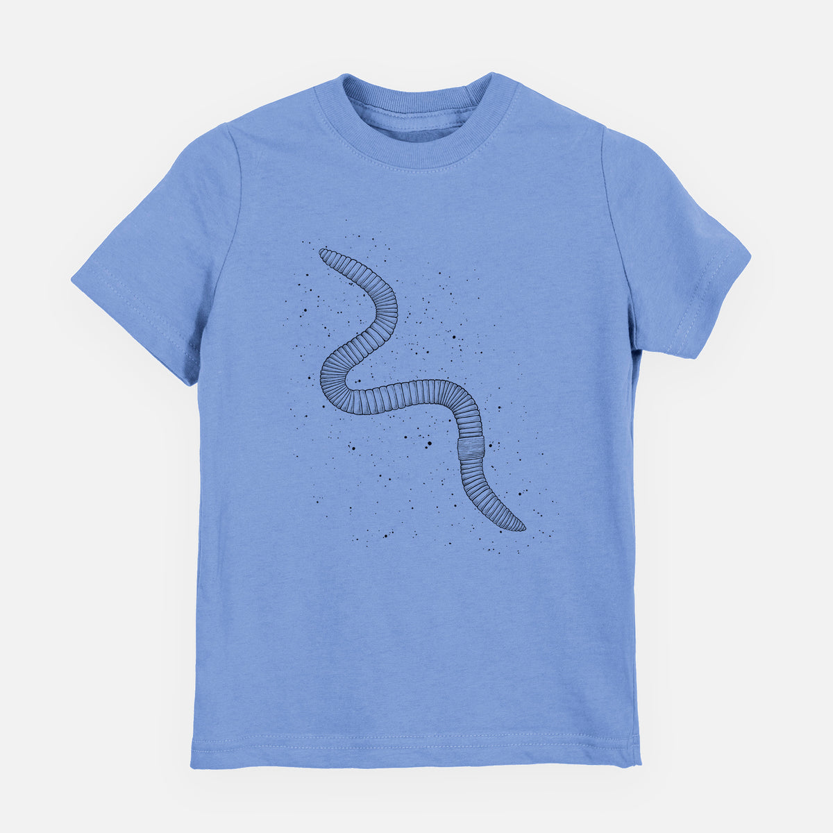 Carolina blue youth t-shirt laid flat, printed with a black ink illustration of a nightcrawler earthworm with soil specks.