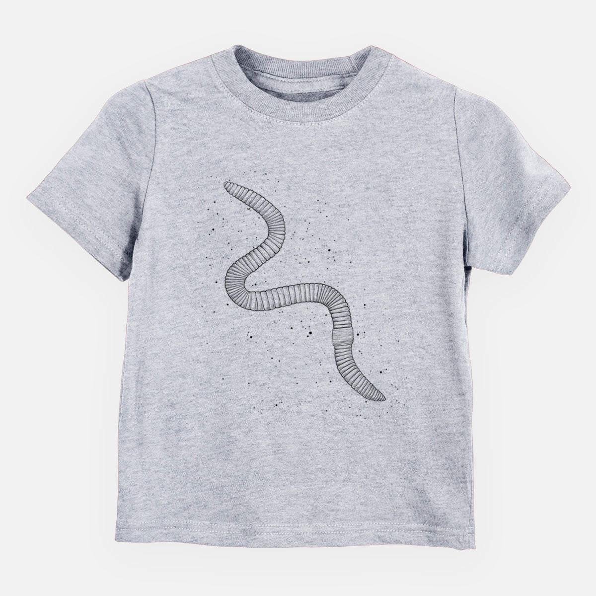 Heather grey toddler t-shirt laid flat, printed with a black ink illustration of a nightcrawler earthworm with soil specks.