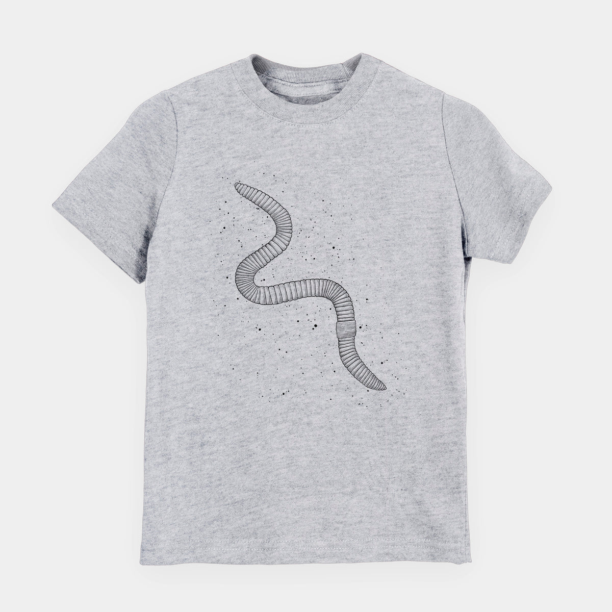 Heather grey youth t-shirt laid flat, printed with a black ink illustration of a nightcrawler earthworm with soil specks.