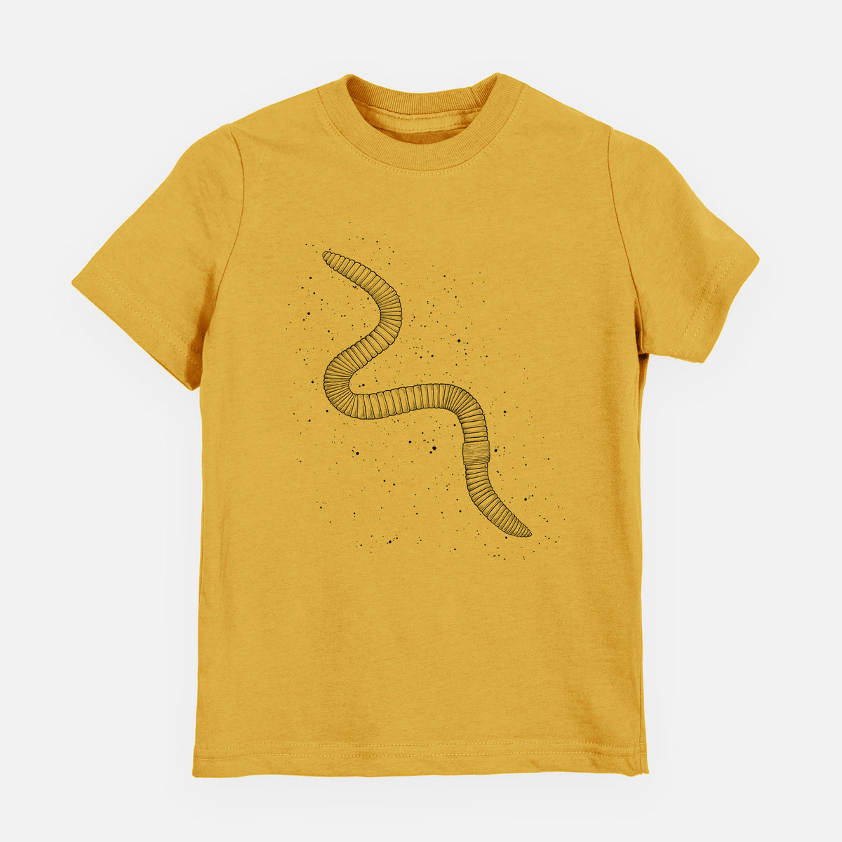 Honeycomb yellow youth t-shirt laid flat, printed with a black ink illustration of a nightcrawler earthworm with soil specks.