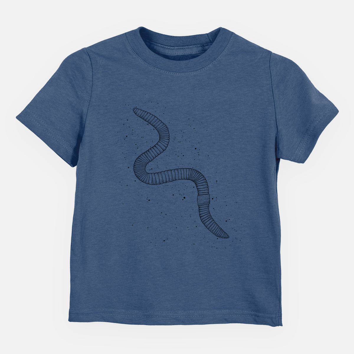 Indigo blue toddler t-shirt laid flat, printed with a black ink illustration of a nightcrawler earthworm with soil specks.