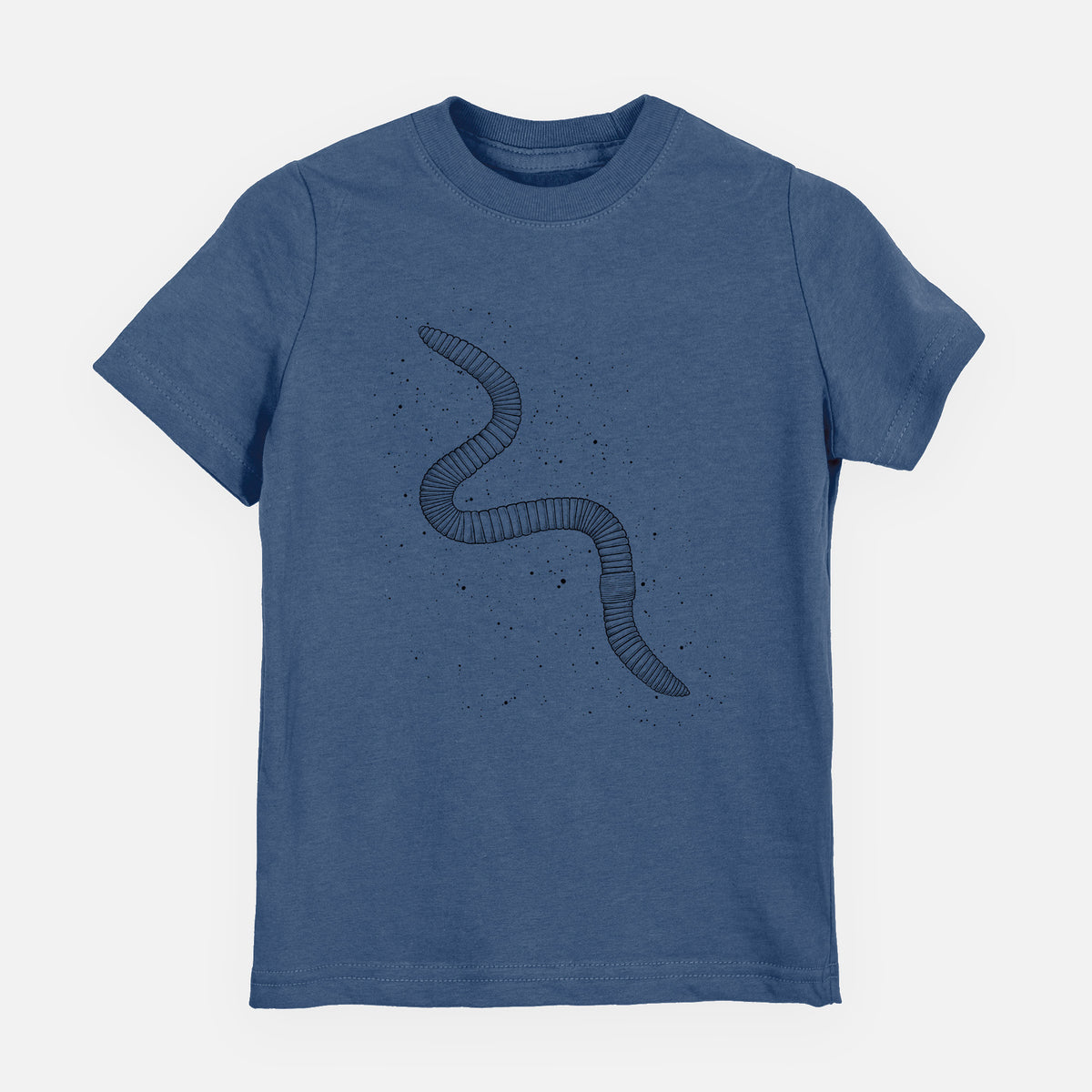 Indigo blue youth t-shirt laid flat, printed with a black ink illustration of a nightcrawler earthworm with soil specks.