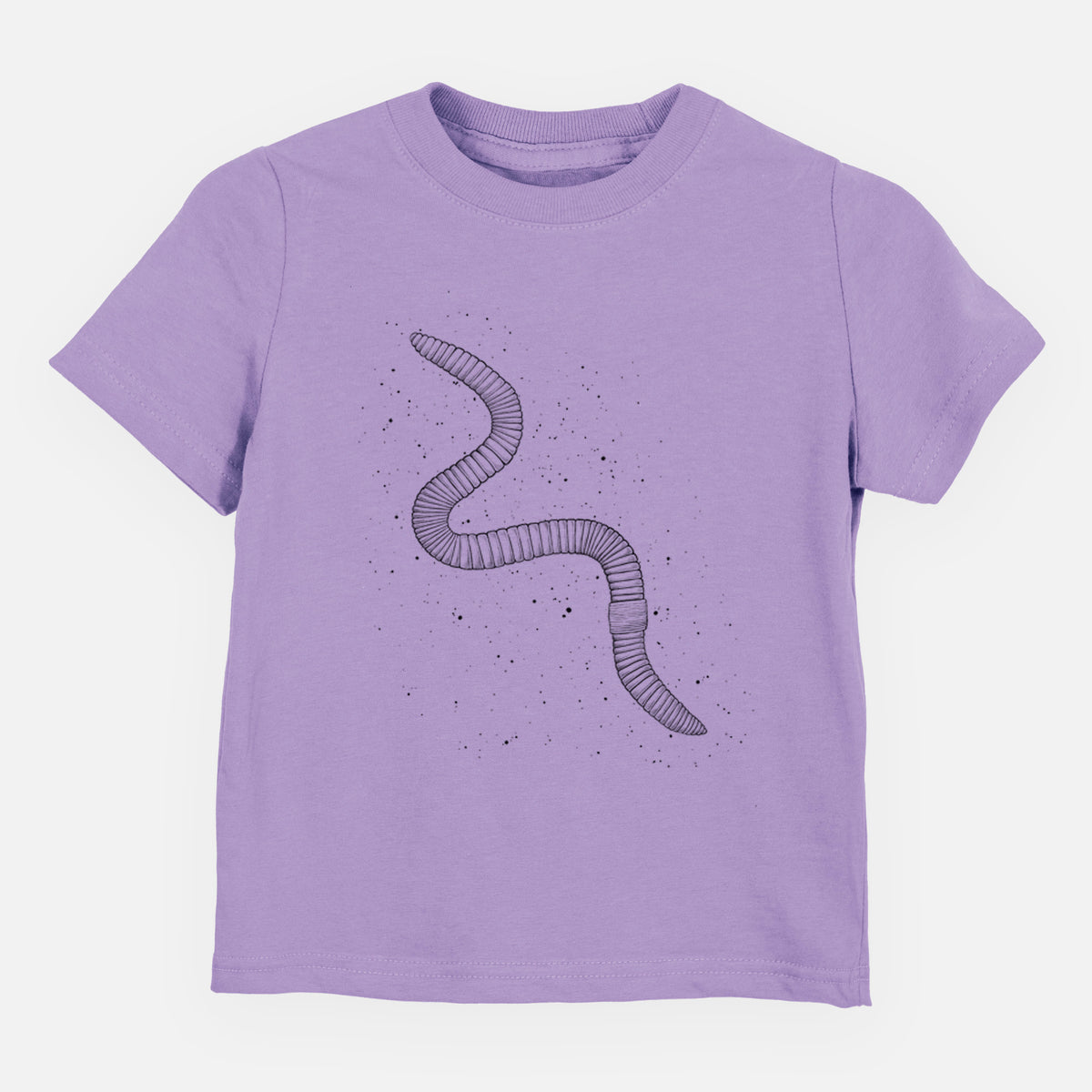 Lavender toddler t-shirt laid flat, printed with a black ink illustration of a nightcrawler earthworm with soil specks.