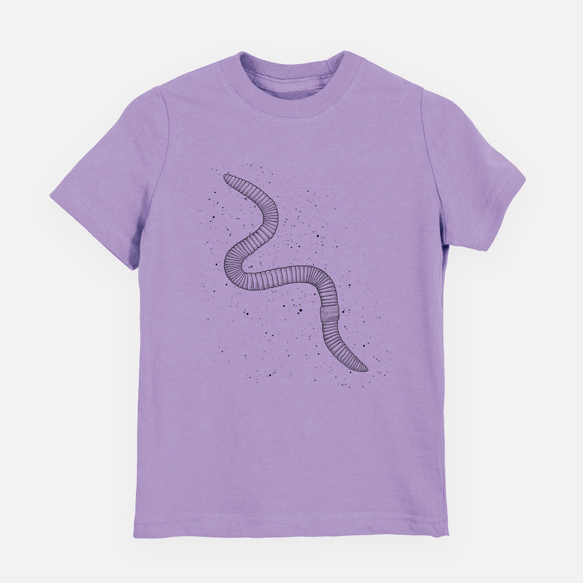 Lavender youth t-shirt laid flat, printed with a black ink illustration of a nightcrawler earthworm with soil specks.