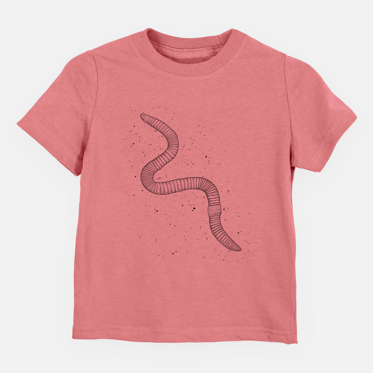 Mauve pink toddler t-shirt laid flat, printed with a black ink illustration of a nightcrawler earthworm with soil specks.