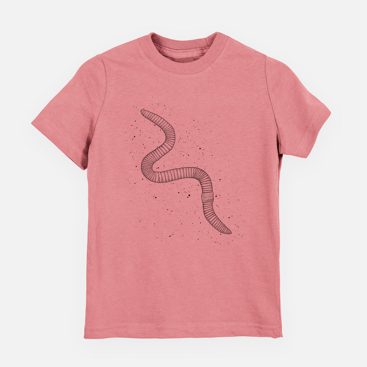 Mauve pink youth t-shirt laid flat, printed with a black ink illustration of a nightcrawler earthworm with soil specks.