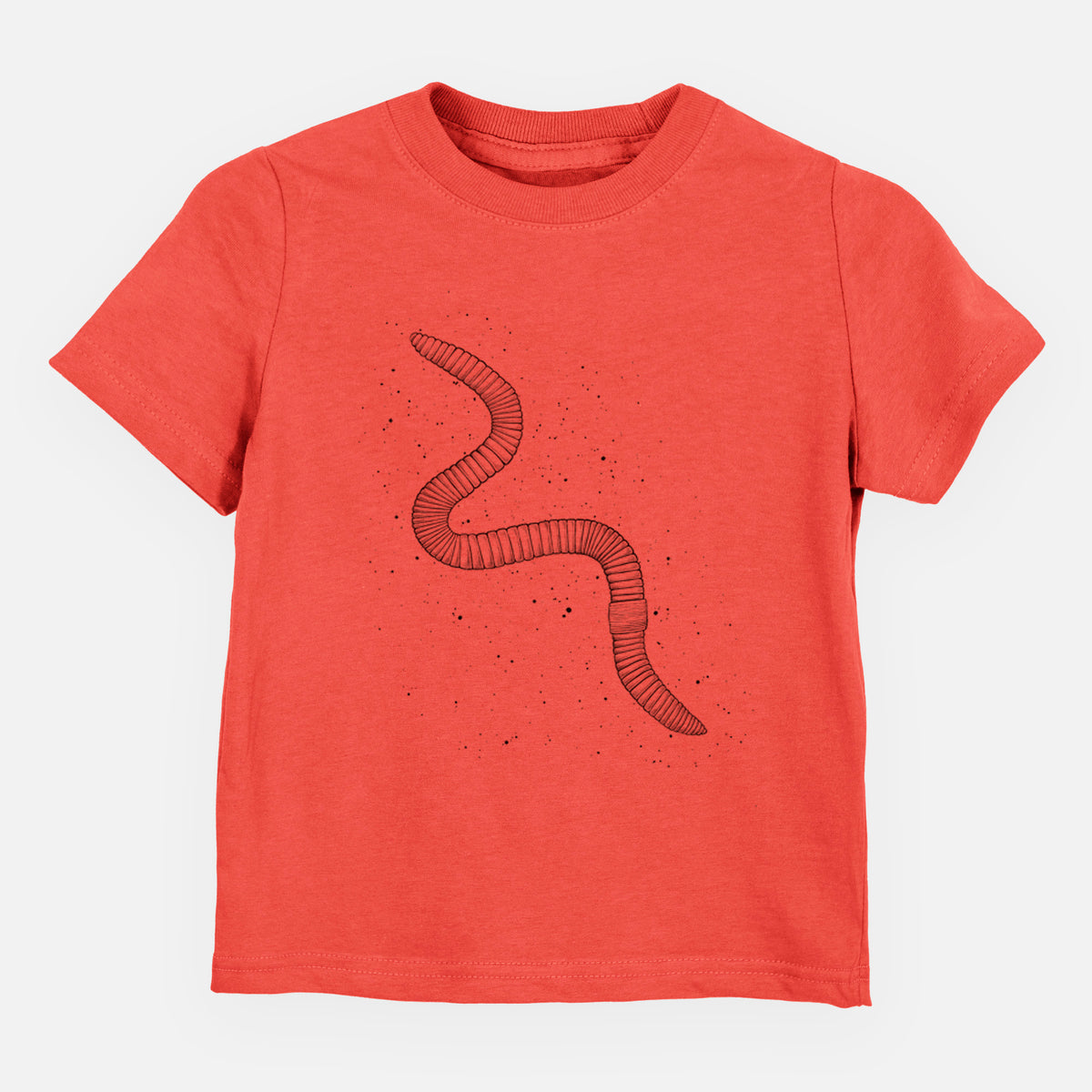 Passionfruit pink toddler t-shirt laid flat, printed with a black ink illustration of a nightcrawler earthworm with soil specks.