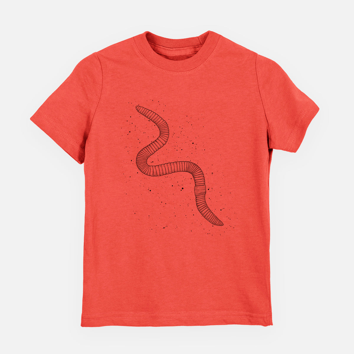 Passionfruit pink youth t-shirt laid flat, printed with a black ink illustration of a nightcrawler earthworm with soil specks.