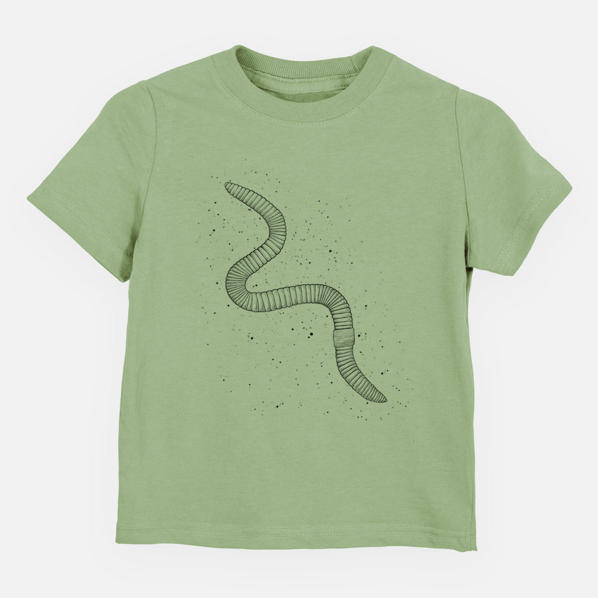 Sage green toddler t-shirt laid flat, printed with a black ink illustration of a nightcrawler earthworm with soil specks.