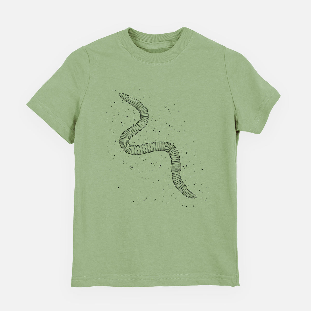 Sage green youth t-shirt laid flat, printed with a black ink illustration of a nightcrawler earthworm with soil specks.