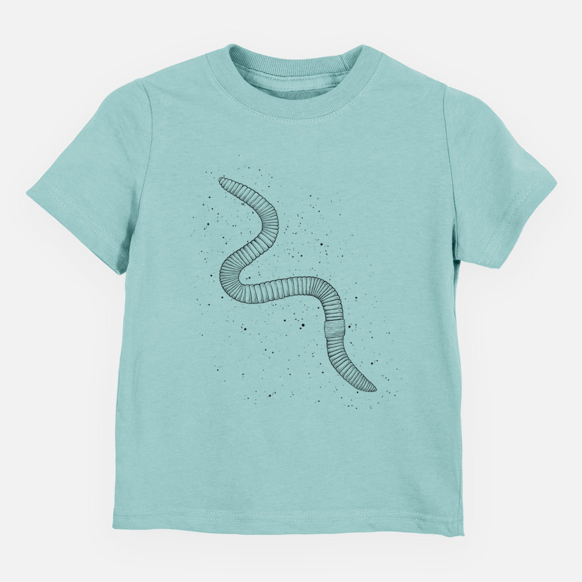 Saltwater toddler t-shirt laid flat, printed with a black ink illustration of a nightcrawler earthworm with soil specks.