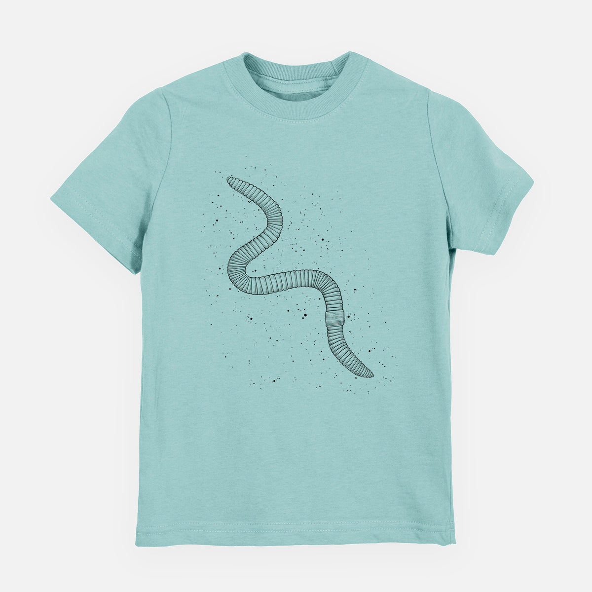 Saltwater youth t-shirt laid flat, printed with a black ink illustration of a nightcrawler earthworm with soil specks.