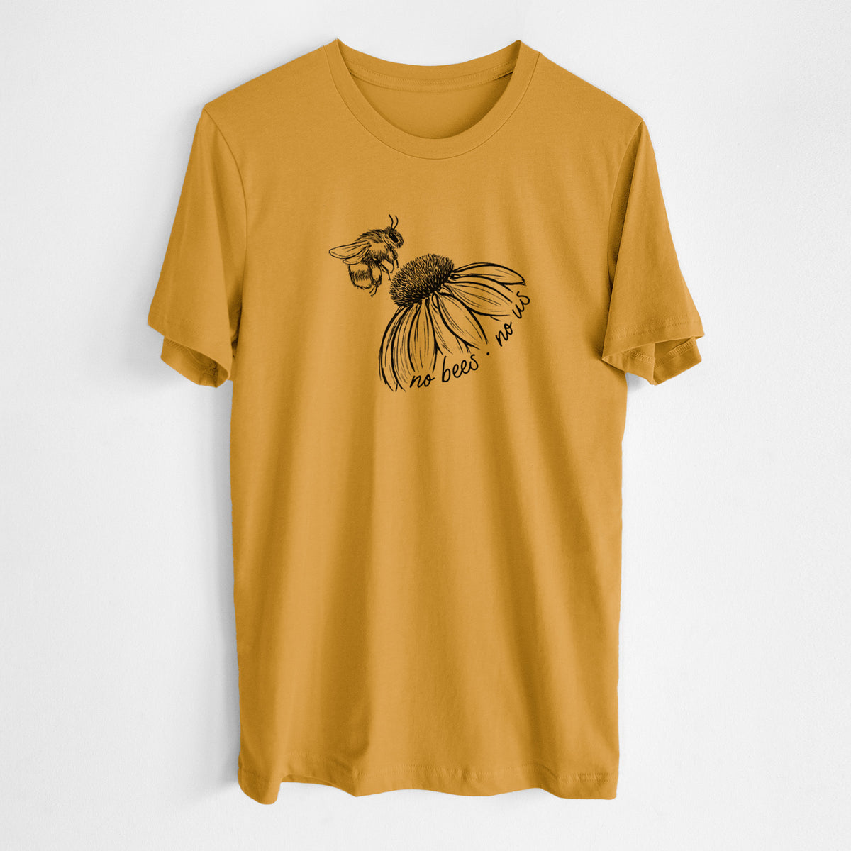 Honeycomb yellow lightweight cotton t-shirt laid flat, printed with a black ink illustration of a bee flying toward a coneflower, with the handwritten words no bees no us.