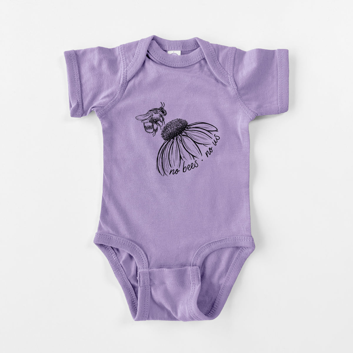 Lavender baby bodysuit laid flat, printed with a black ink illustration of a bee flying toward a coneflower, with the handwritten words no bees no us.