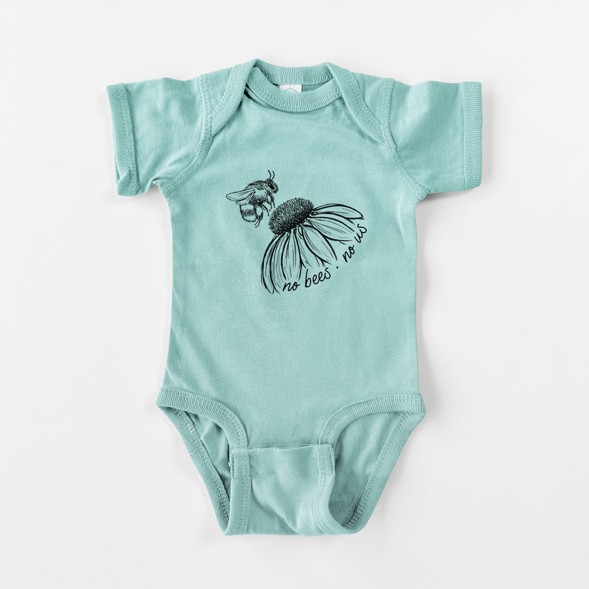 Saltwater baby bodysuit laid flat, printed with a black ink illustration of a bee flying toward a coneflower, with the handwritten words no bees no us.