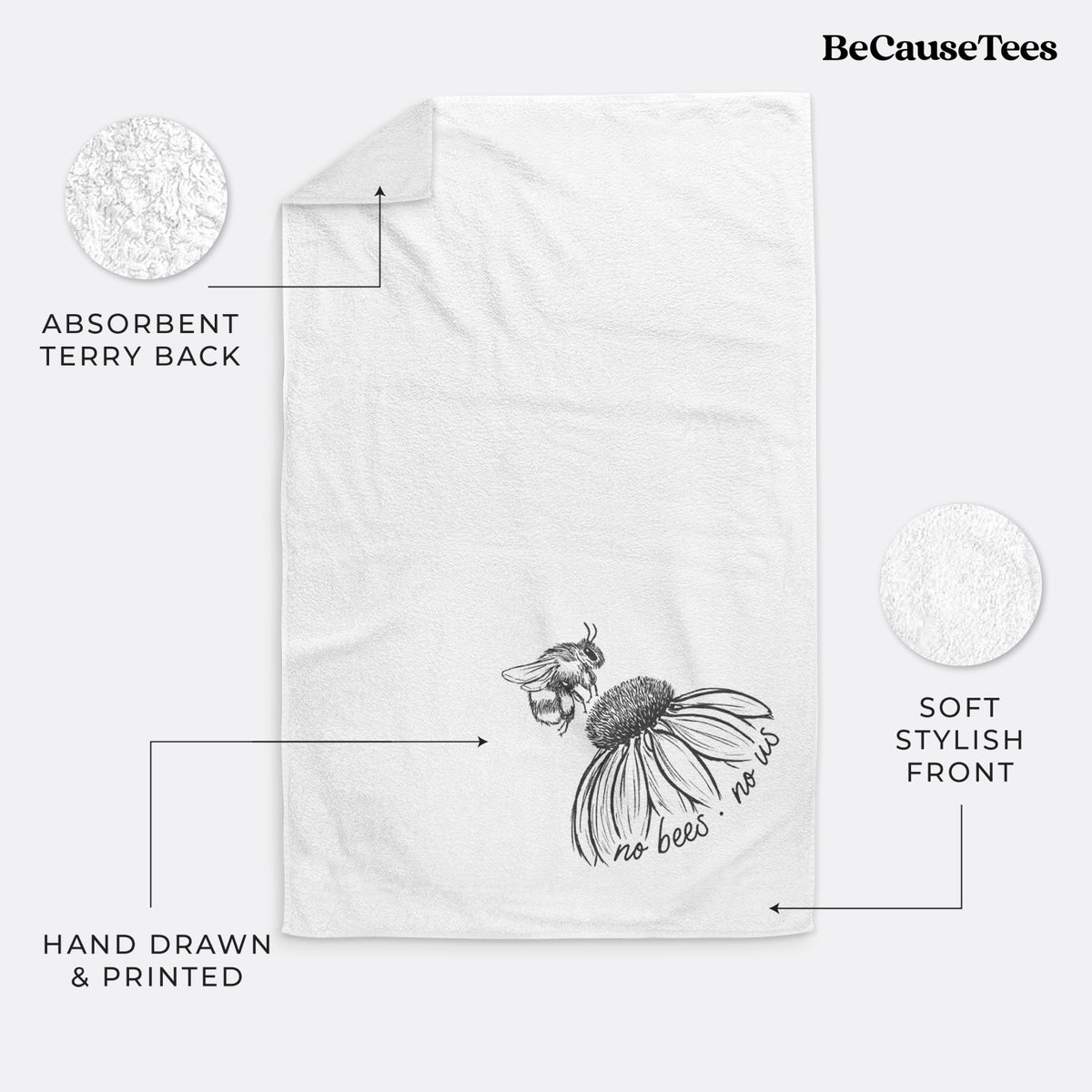 White hand towel printed with a black ink illustration of a bee flying toward a coneflower, with the handwritten words no bees no us.