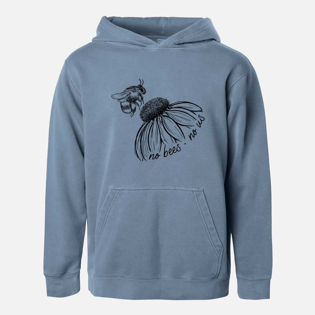 Slate blue youth pigment dyed hoodie laid flat, printed with a black ink illustration of a bee flying toward a coneflower, with the handwritten words no bees no us.