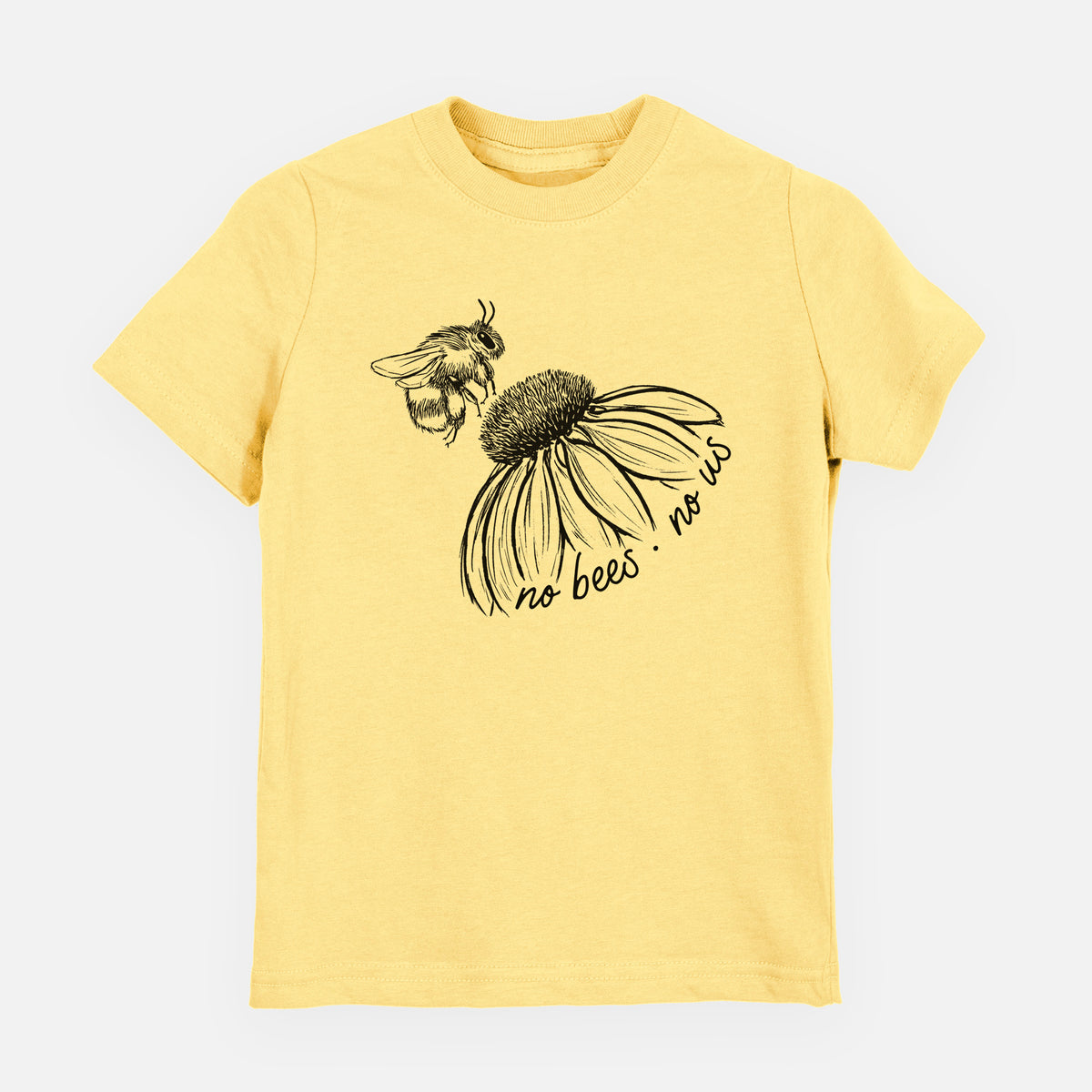 Butter yellow youth t-shirt laid flat, printed with a black ink illustration of a bee flying toward a coneflower, with the handwritten words no bees no us.