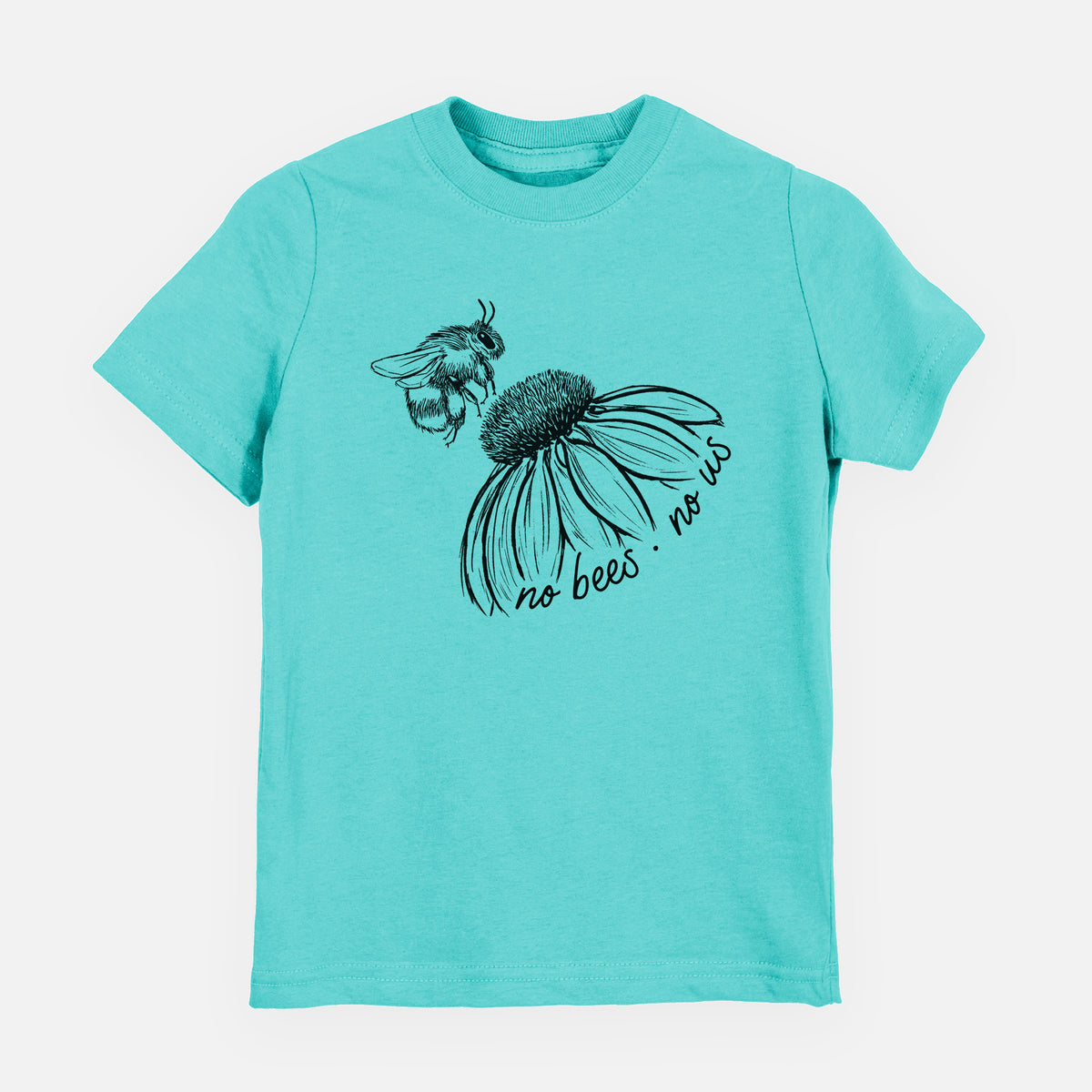 Caribbean blue youth t-shirt laid flat, printed with a black ink illustration of a bee flying toward a coneflower, with the handwritten words no bees no us.