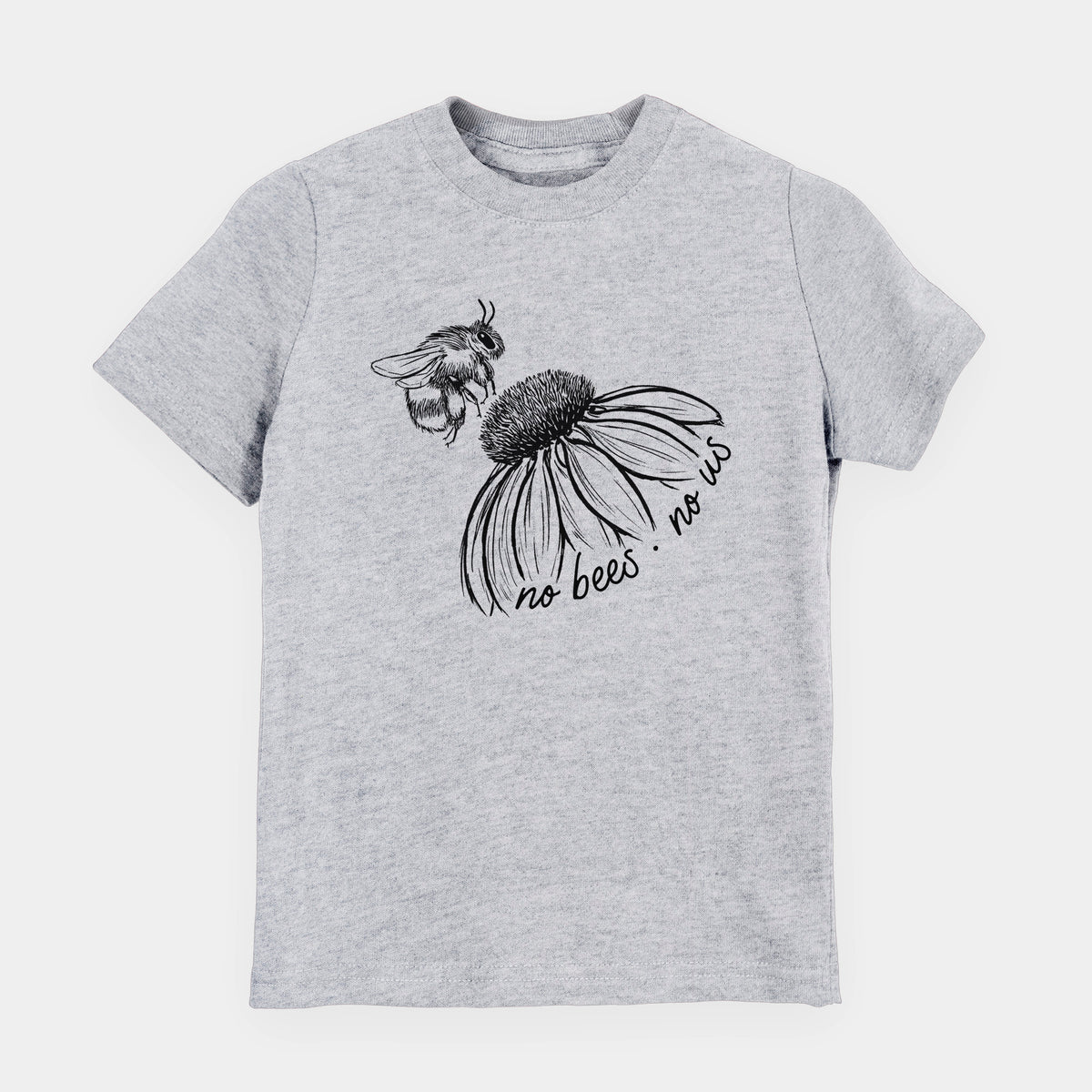 Heather grey youth t-shirt laid flat, printed with a black ink illustration of a bee flying toward a coneflower, with the handwritten words no bees no us.