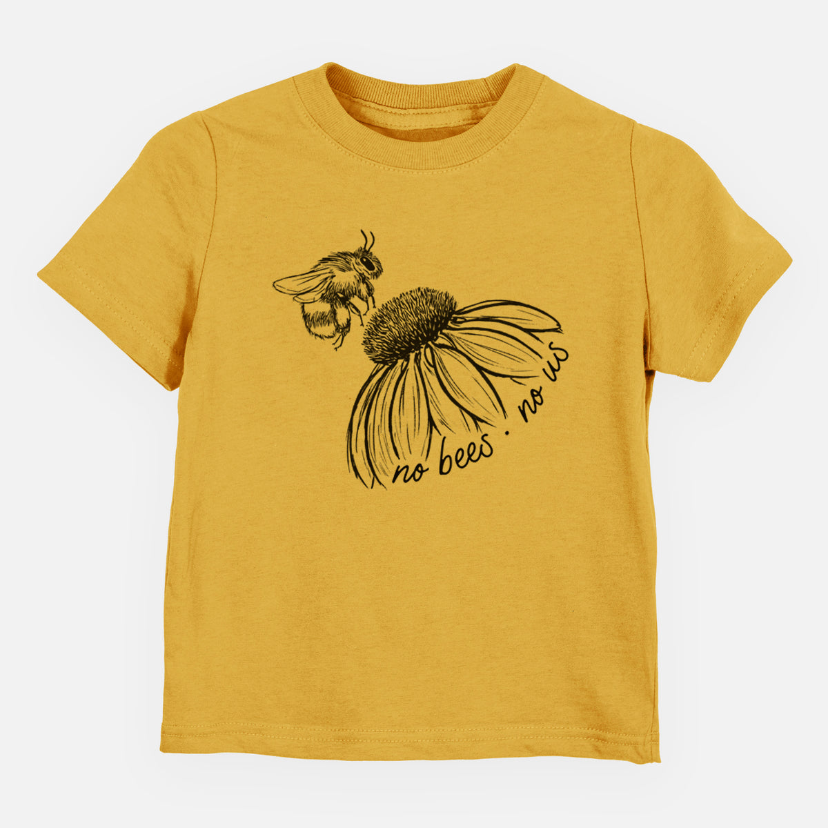 Honeycomb yellow toddler t-shirt laid flat, printed with a black ink illustration of a bee flying toward a coneflower, with the handwritten words no bees no us.