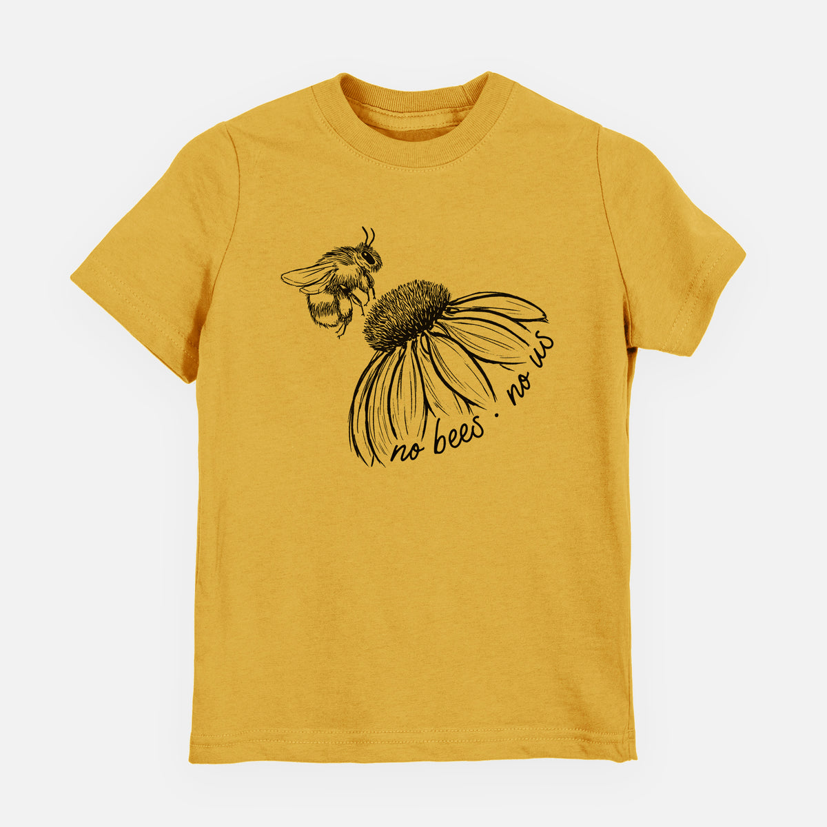 Honeycomb yellow youth t-shirt laid flat, printed with a black ink illustration of a bee flying toward a coneflower, with the handwritten words no bees no us.