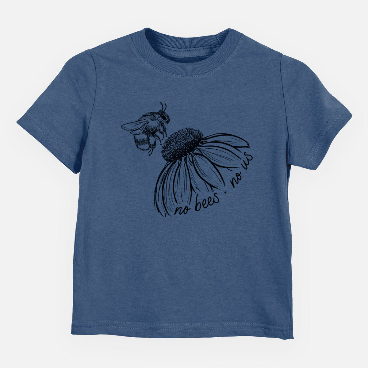 Indigo blue toddler t-shirt laid flat, printed with a black ink illustration of a bee flying toward a coneflower, with the handwritten words no bees no us.