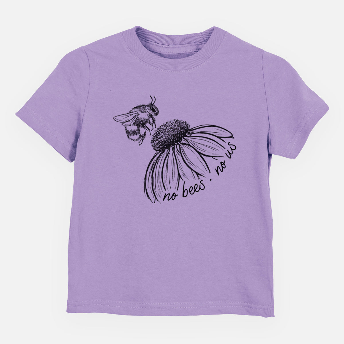 Lavender toddler t-shirt laid flat, printed with a black ink illustration of a bee flying toward a coneflower, with the handwritten words no bees no us.