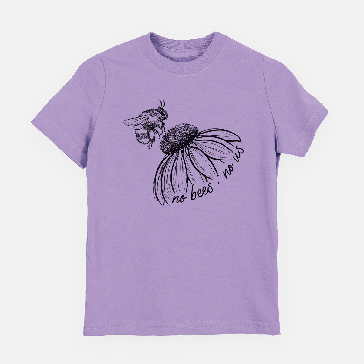 Lavender youth t-shirt laid flat, printed with a black ink illustration of a bee flying toward a coneflower, with the handwritten words no bees no us.