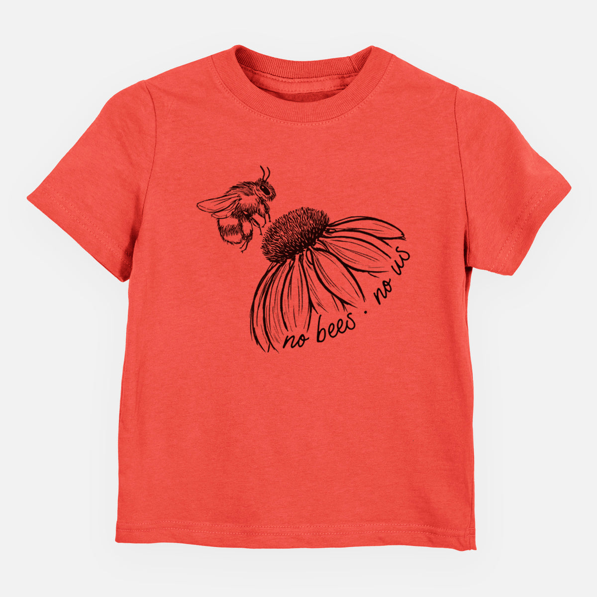 Passionfruit pink toddler t-shirt laid flat, printed with a black ink illustration of a bee flying toward a coneflower, with the handwritten words no bees no us.