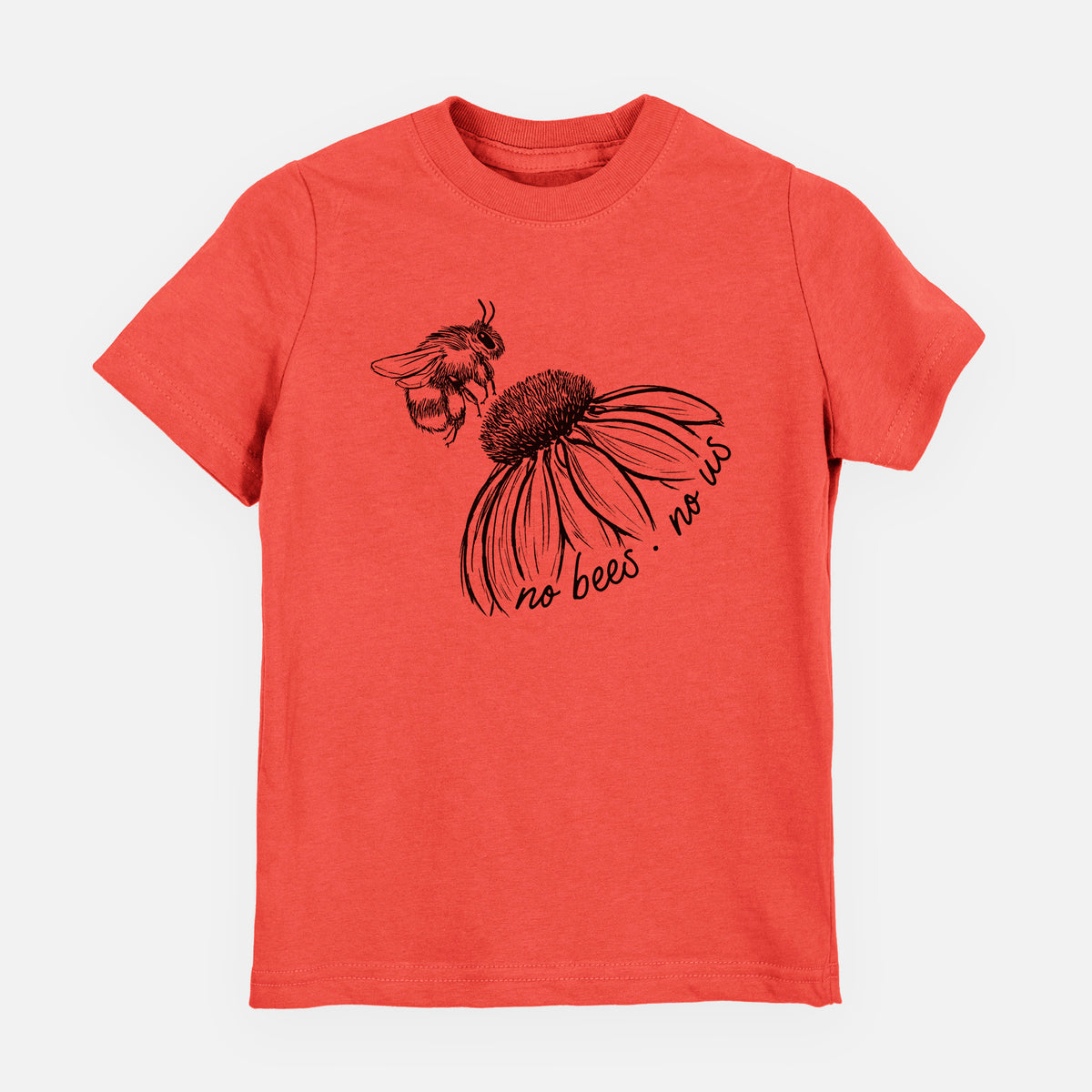 Passionfruit pink youth t-shirt laid flat, printed with a black ink illustration of a bee flying toward a coneflower, with the handwritten words no bees no us.