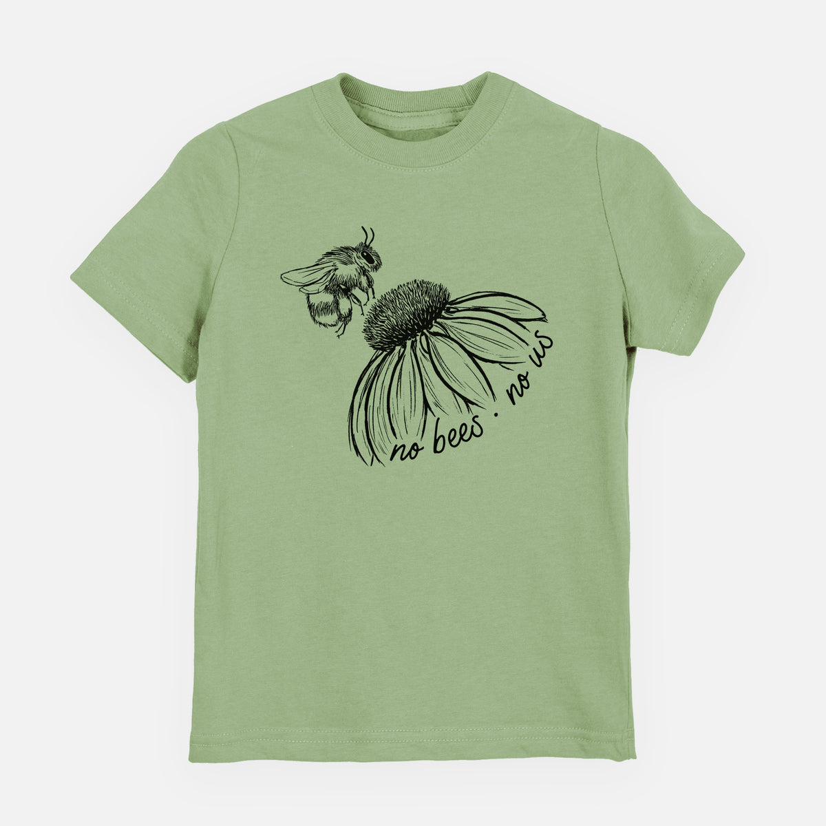 Sage green youth t-shirt laid flat, printed with a black ink illustration of a bee flying toward a coneflower, with the handwritten words no bees no us.