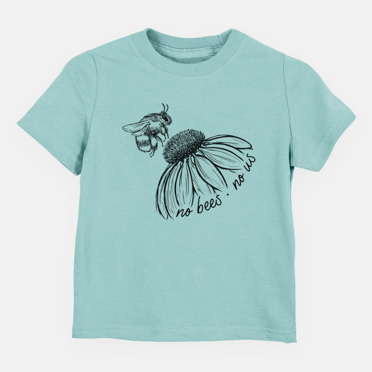 Saltwater toddler t-shirt laid flat, printed with a black ink illustration of a bee flying toward a coneflower, with the handwritten words no bees no us.
