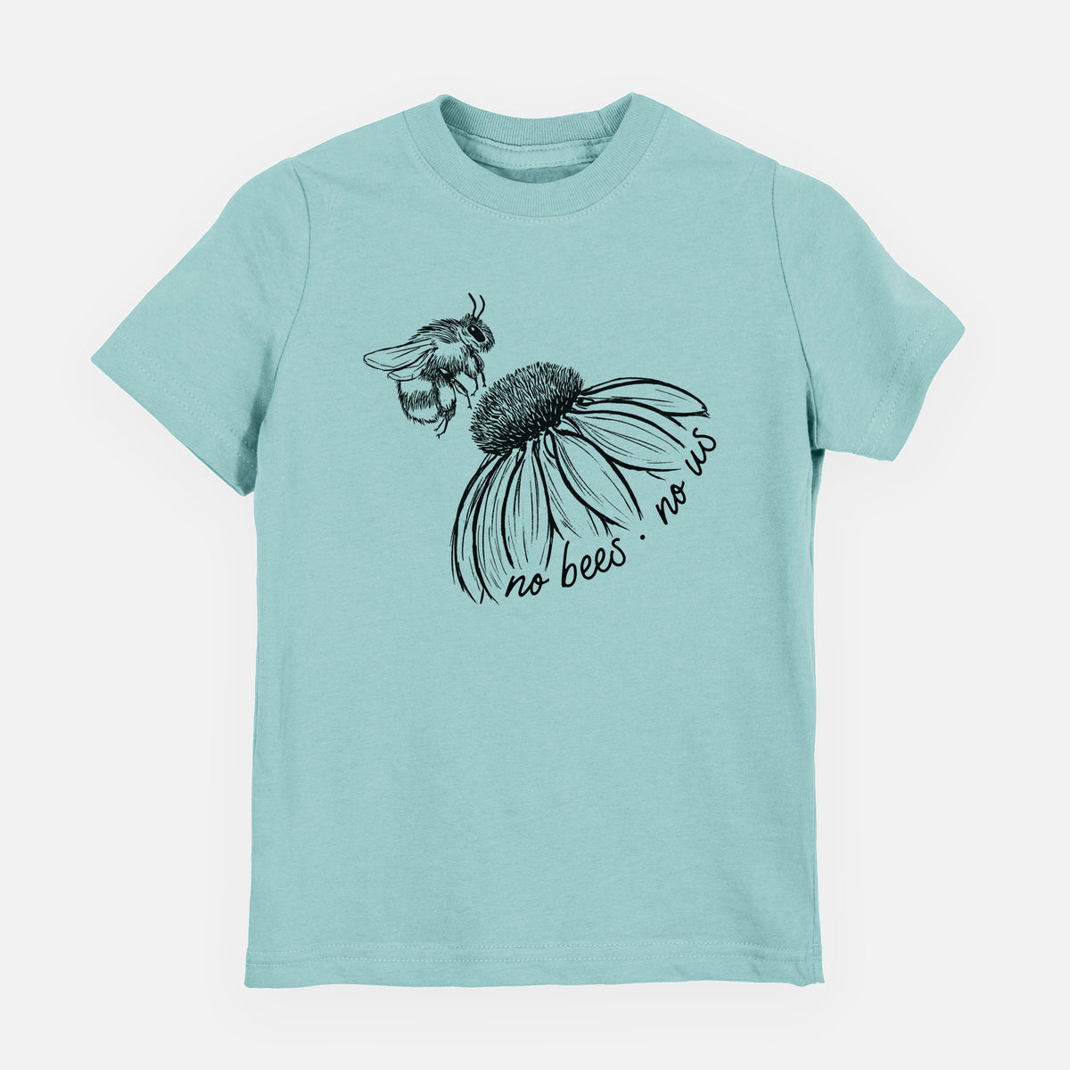 Saltwater youth t-shirt laid flat, printed with a black ink illustration of a bee flying toward a coneflower, with the handwritten words no bees no us.