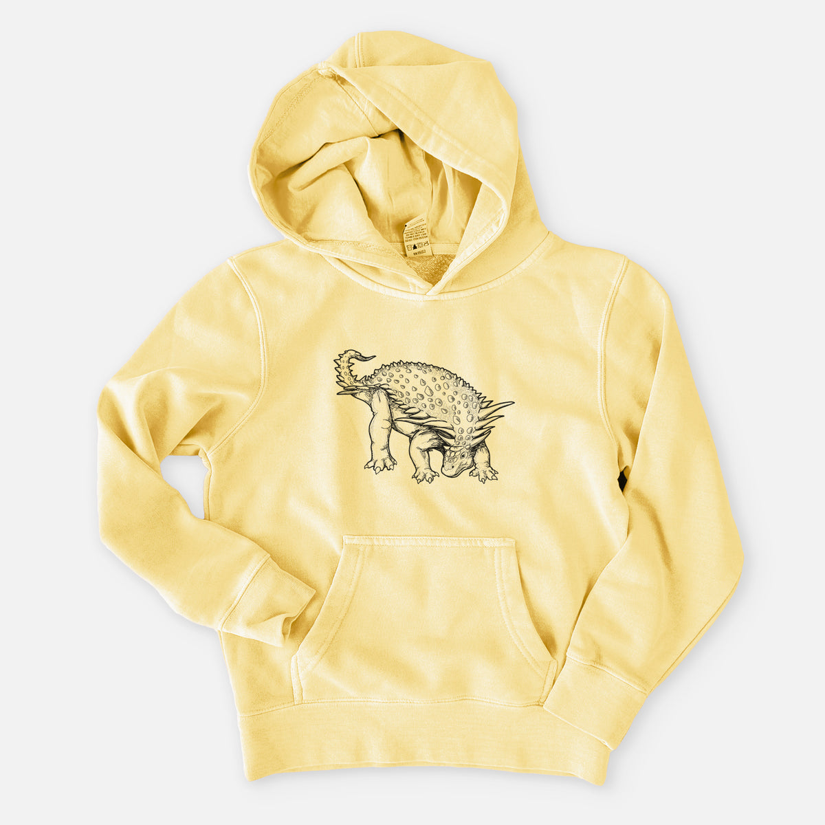 Pigment yellow youth pigment dyed hoodie laid flat, printed with a black ink illustration of an armored Nodosaurus.