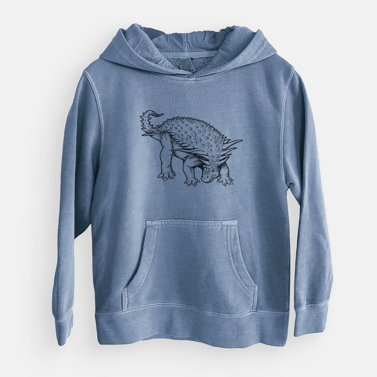 Slate blue youth pigment dyed hoodie laid flat, printed with a black ink illustration of an armored Nodosaurus.