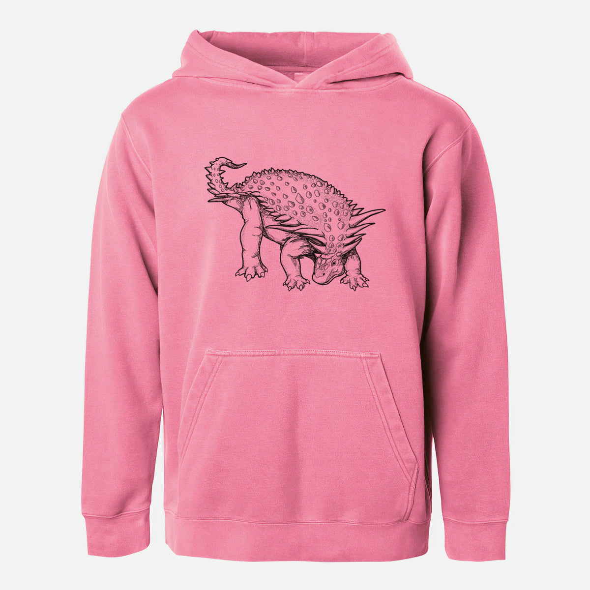 Pigment pink youth pigment dyed hoodie laid flat, printed with a black ink illustration of an armored Nodosaurus.