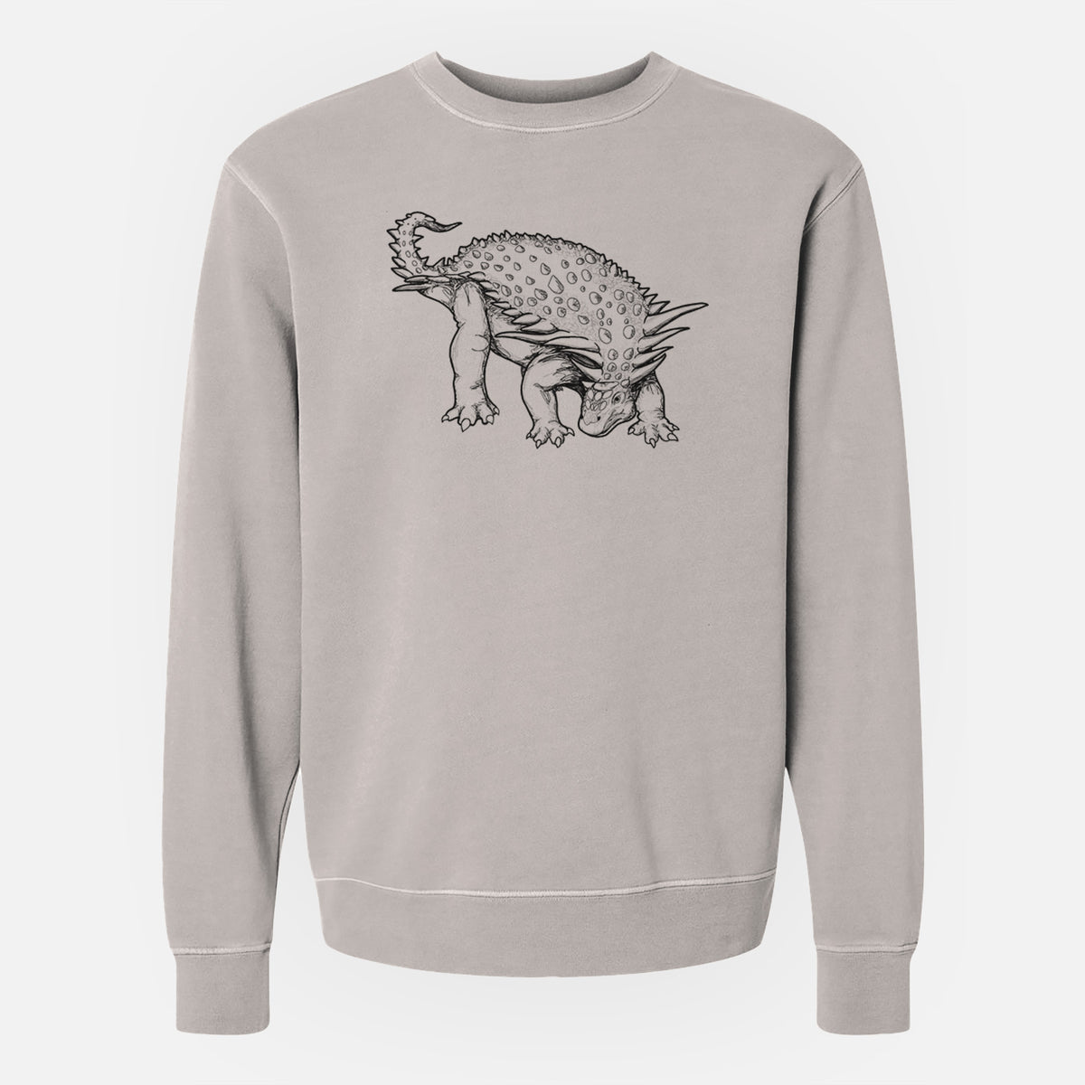 Cement grey pigment dyed crewneck sweatshirt laid flat, printed with a black ink illustration of an armored Nodosaurus.